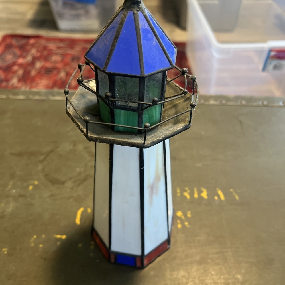 Stained Glass Lighthouse Nautical Decor Red White Blue Tiffany Style 10 Inch